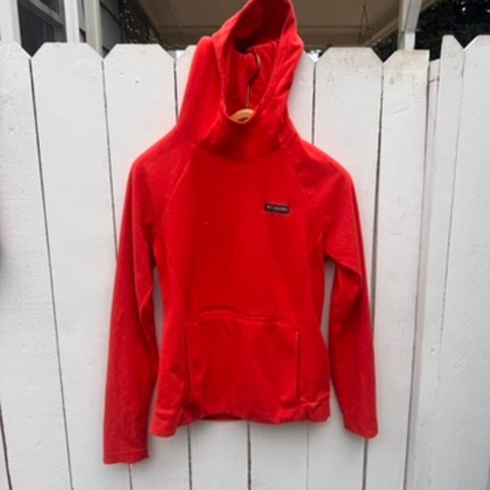 Columbia Womens Fleece Pullover M Red Funnel Neck Hoodie Kangaroo Pocket